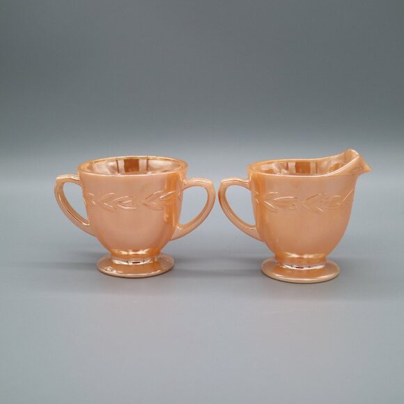 Vintage Fire King Peach Lustre Laurel Pattern Creamer & Sugar Bowl - Picture 4 of 7